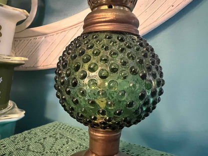 Green Hobnail Oil Lamp -  13 1/2" | Vintage Home Decor | Collectible Glassware