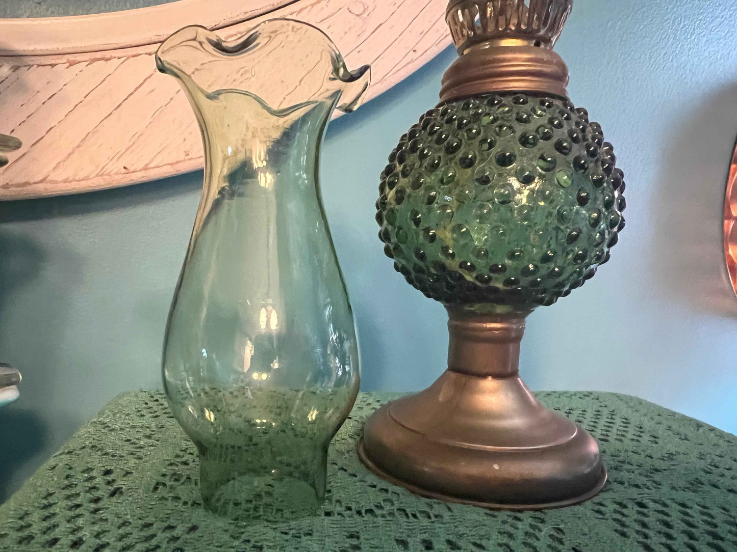 Green Hobnail Oil Lamp -  13 1/2" | Vintage Home Decor | Collectible Glassware