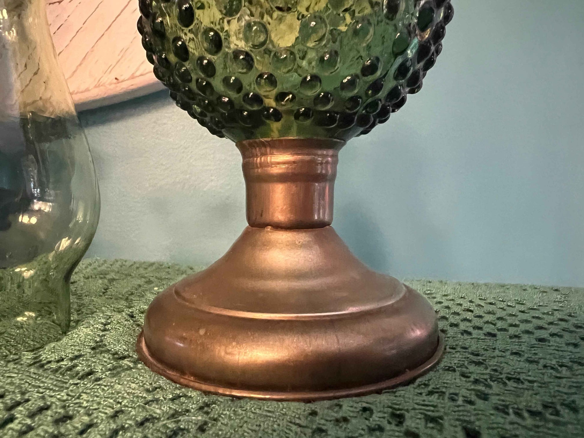 Green Hobnail Oil Lamp -  13 1/2" | Vintage Home Decor | Collectible Glassware
