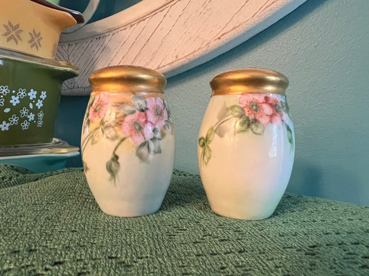 Vintage hand-painted porcelain salt and pepper shakers with pink roses and gold tops