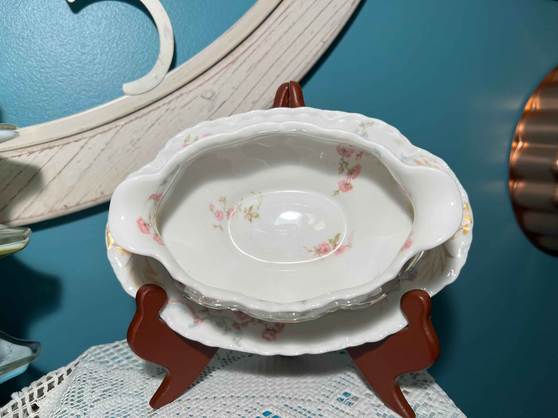 Vintage Haviland Limoges 63B Gravy Dish with Attached Underplate | French Porcelain Server
