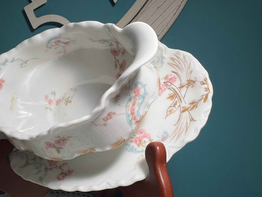 Vintage Haviland Limoges 63B Gravy Dish with Attached Underplate | French Porcelain Server