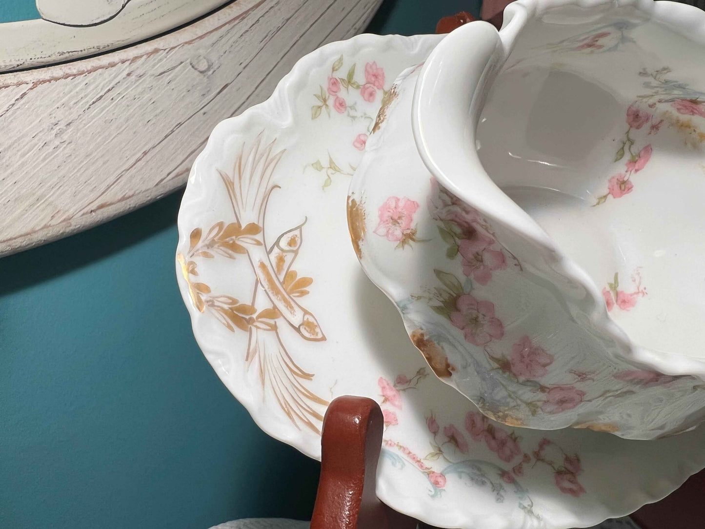 Vintage Haviland Limoges 63B Gravy Dish with Attached Underplate | French Porcelain Server