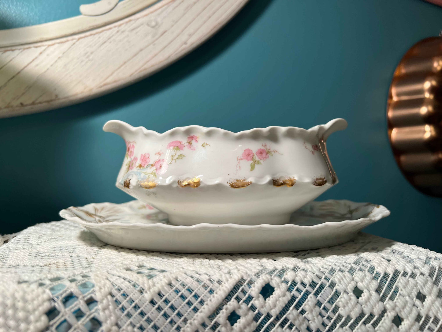 Vintage Haviland Limoges 63B Gravy Dish with Attached Underplate | French Porcelain Server