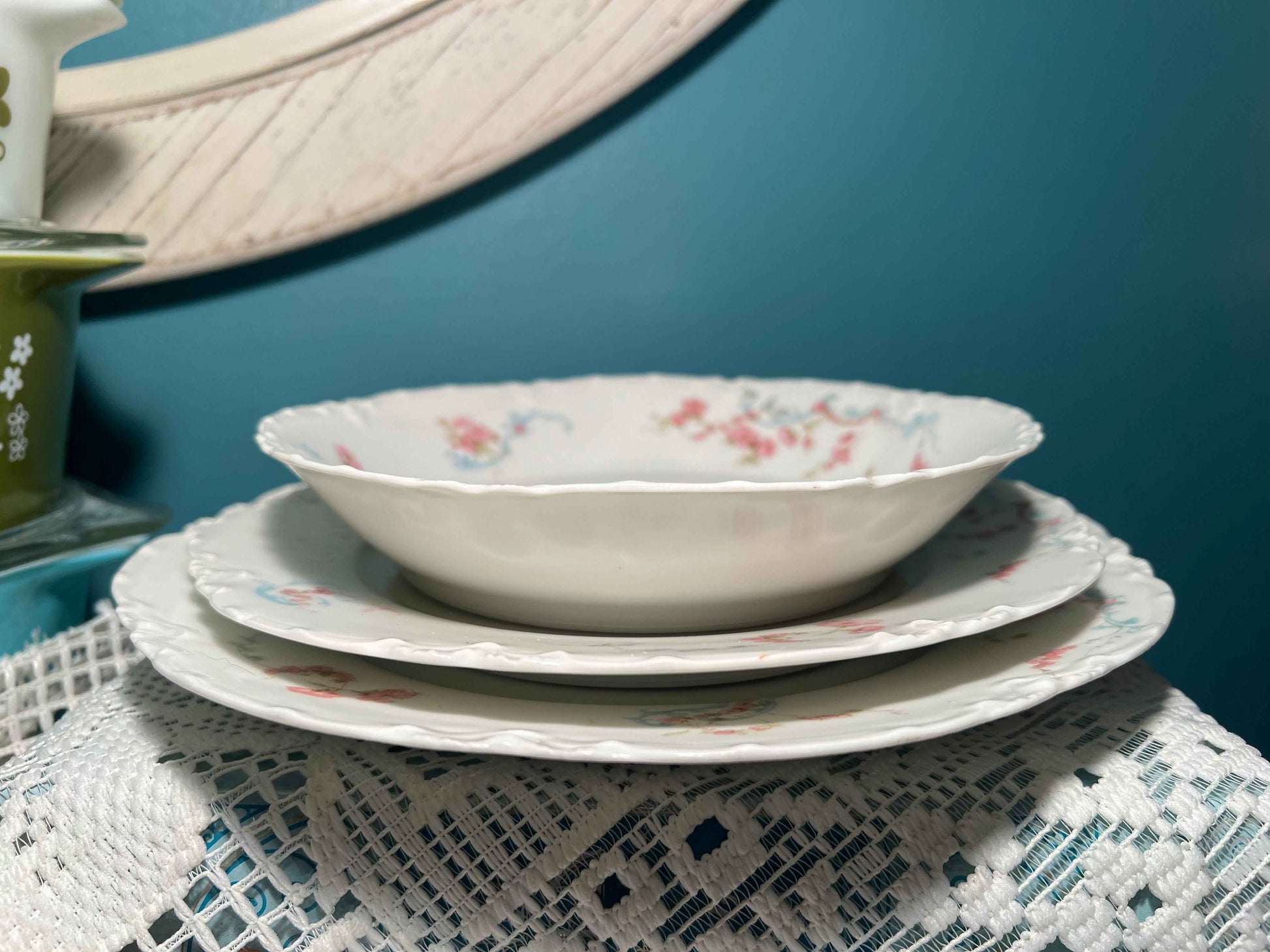 Haviland Limoges 63B Porcelain Dinner, Salad Plate & Soup Bowl Set | Pink Floral Blue Scrolls