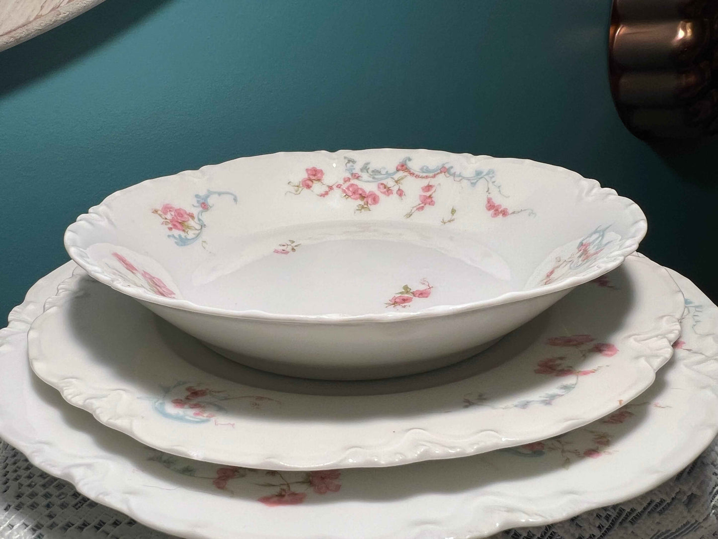 Haviland Limoges 63B Porcelain Dinner, Salad Plate & Soup Bowl Set | Pink Floral Blue Scrolls