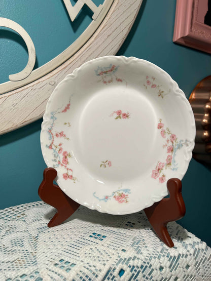 Haviland Limoges 63B Porcelain Dinner, Salad Plate & Soup Bowl Set | Pink Floral Blue Scrolls