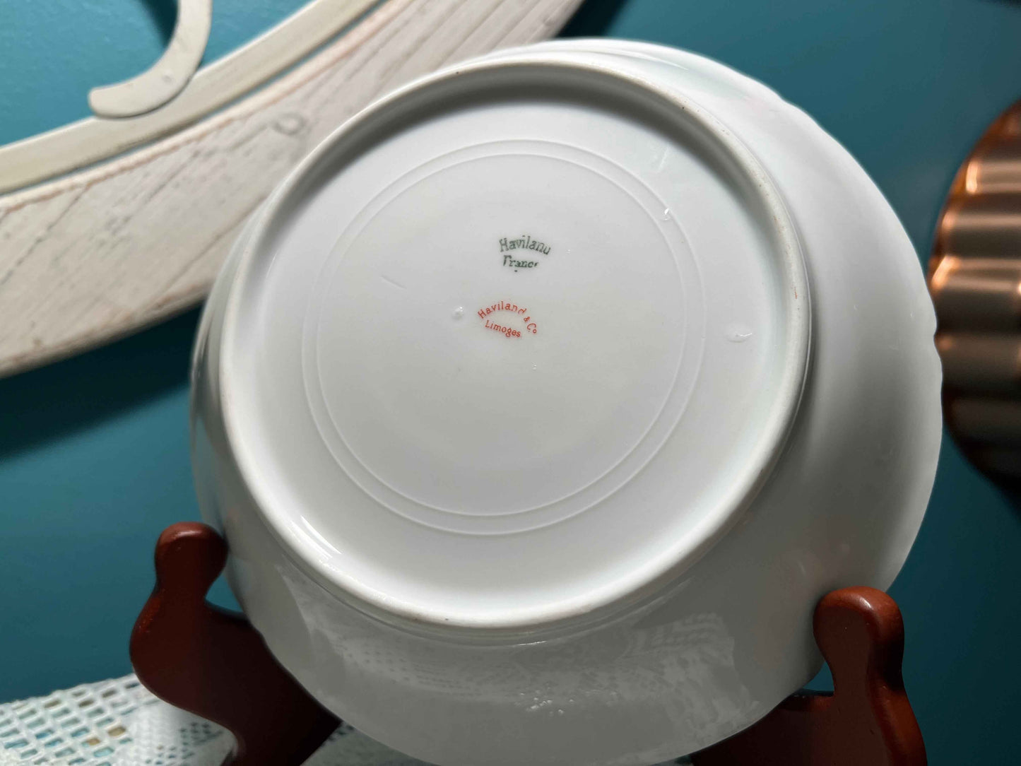 Haviland Limoges 63B Porcelain Dinner, Salad Plate & Soup Bowl Set | Pink Floral Blue Scrolls