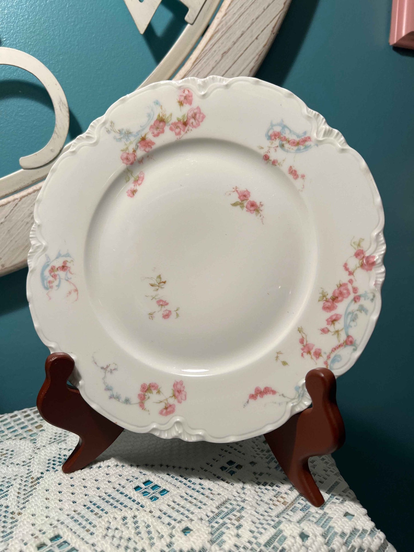 Haviland Limoges 63B Porcelain Dinner, Salad Plate & Soup Bowl Set | Pink Floral Blue Scrolls