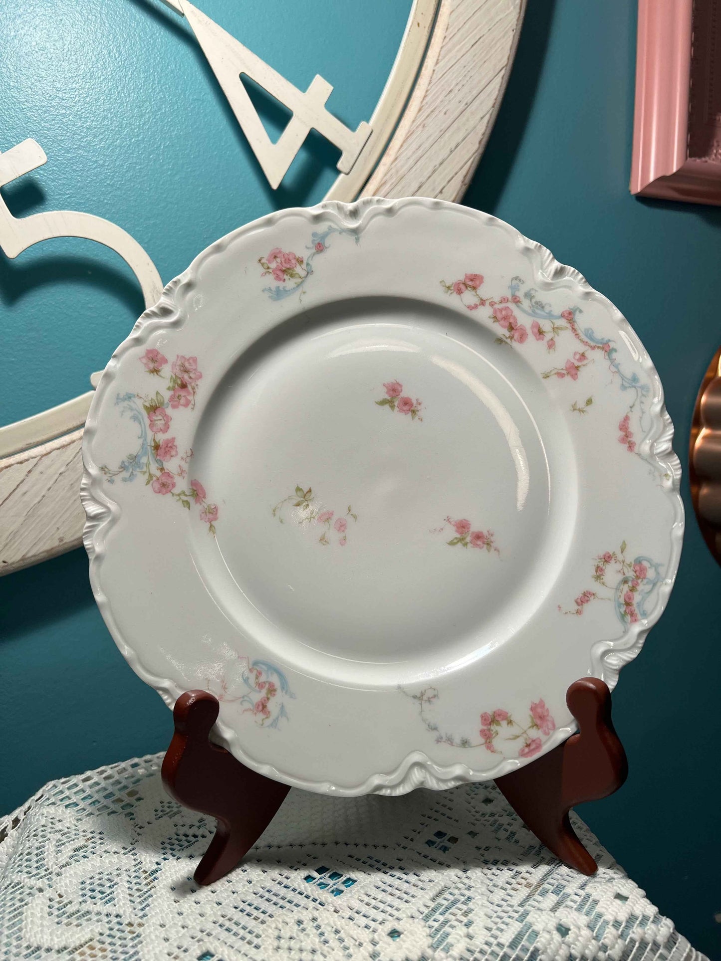 Haviland Limoges 63B Porcelain Dinner, Salad Plate & Soup Bowl Set | Pink Floral Blue Scrolls