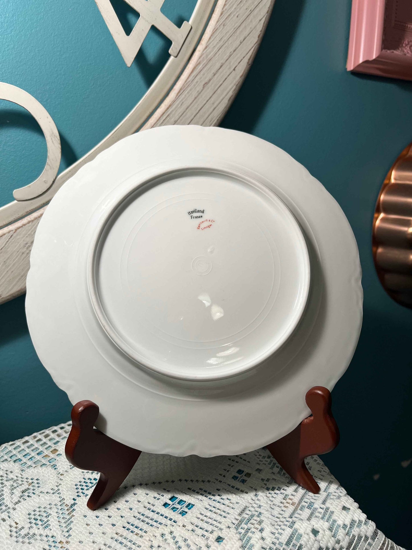 Haviland Limoges 63B Porcelain Dinner, Salad Plate & Soup Bowl Set | Pink Floral Blue Scrolls