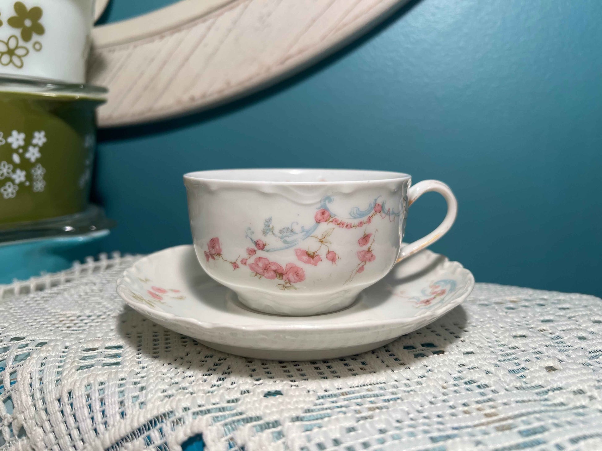 Schleiger 63B Flat Cup & Saucer | Haviland Limoges France | Pink Floral Antique Set