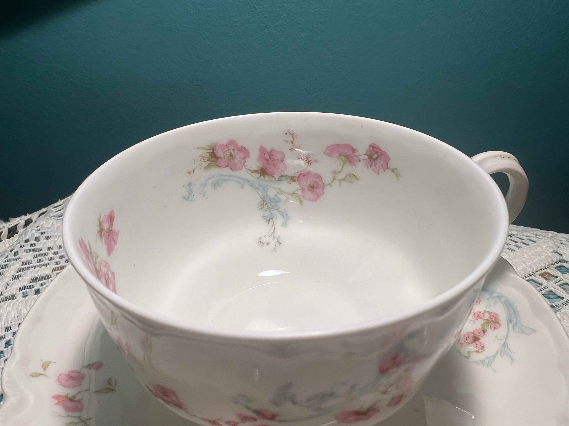 Schleiger 63B Flat Cup & Saucer | Haviland Limoges France | Pink Floral Antique Set