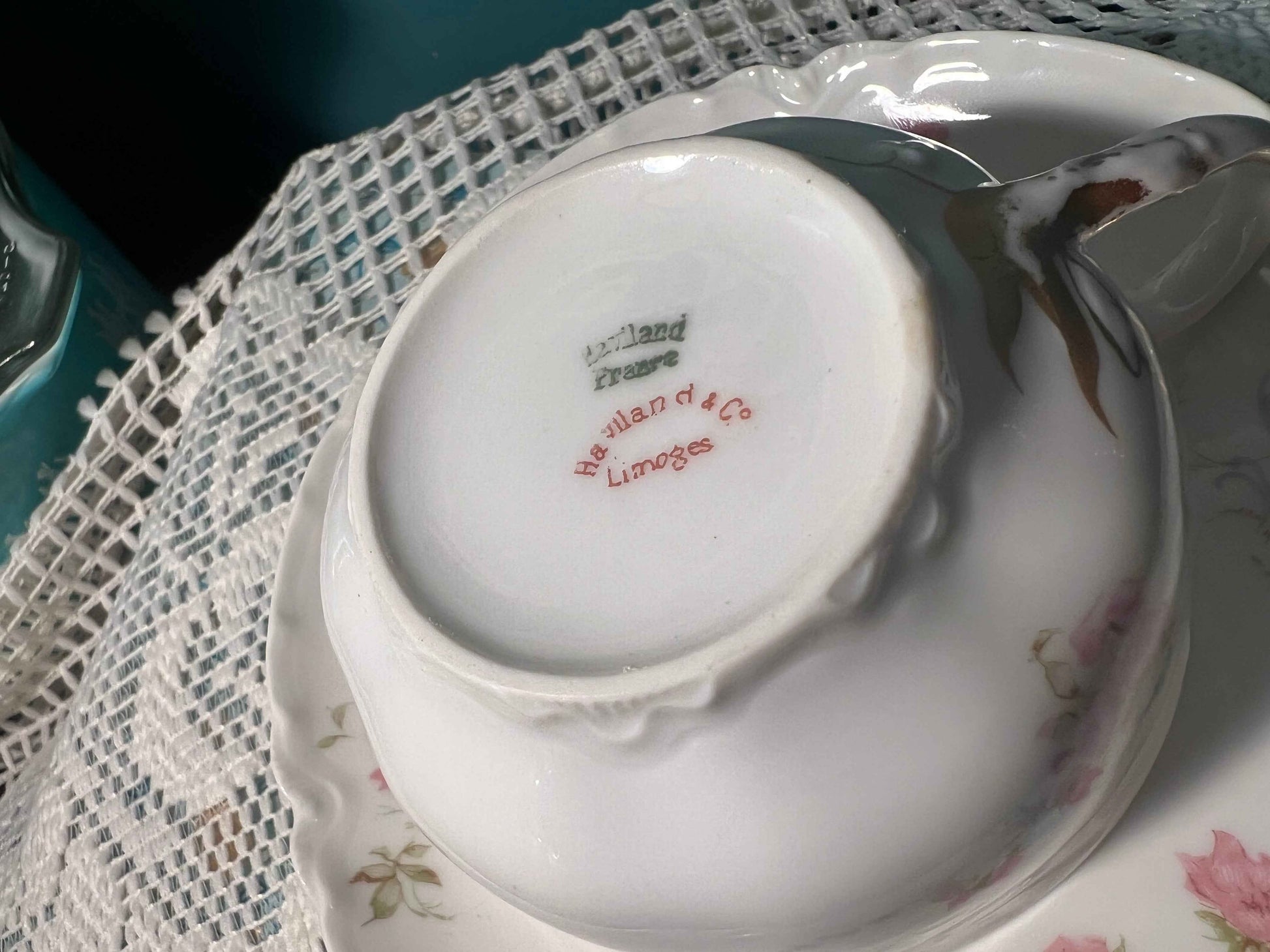 Schleiger 63B Flat Cup & Saucer | Haviland Limoges France | Pink Floral Antique Set