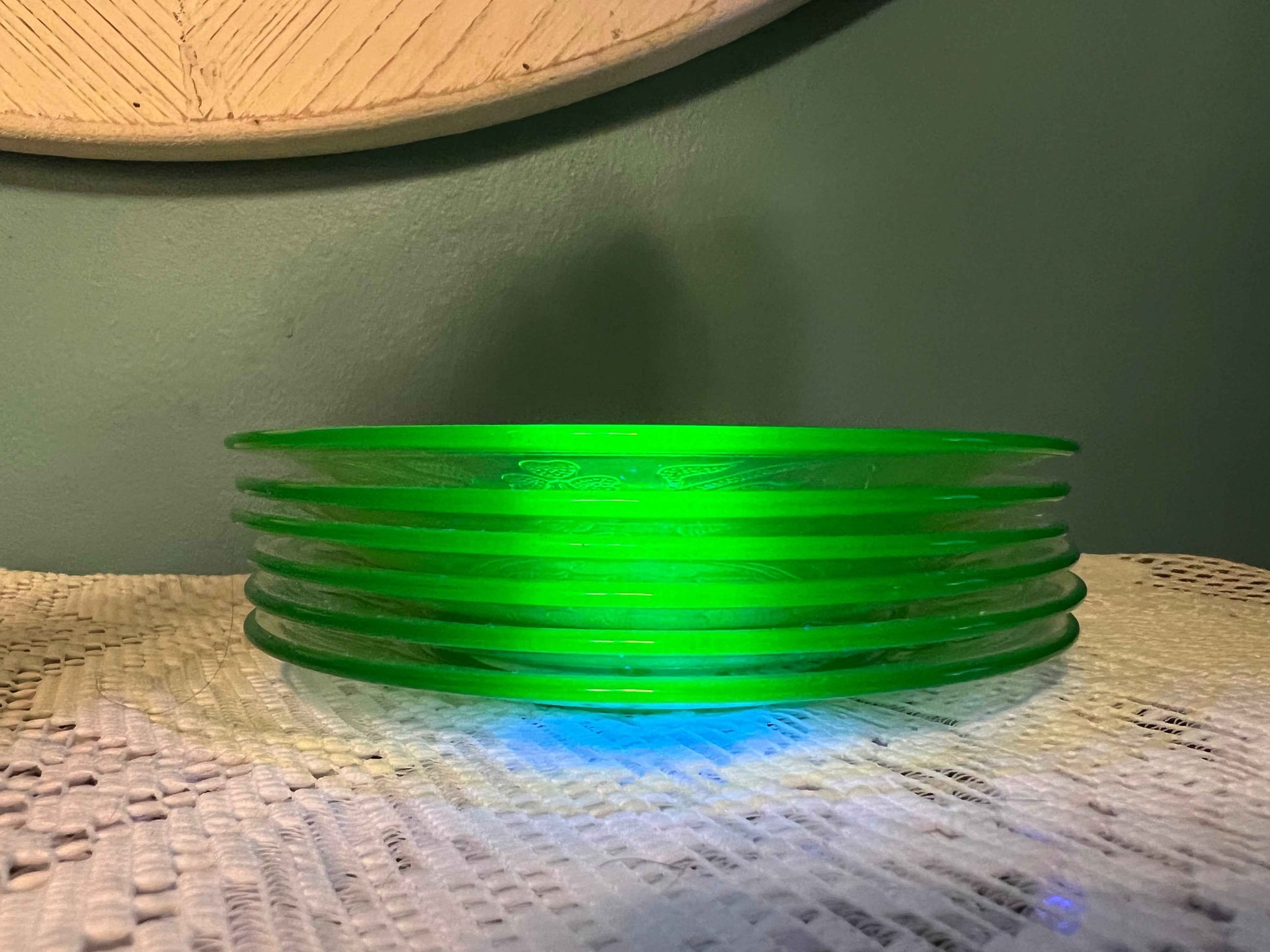 Green Hazel Atlas Cloverleaf Uranium Glass Saucer | Depression Glassware