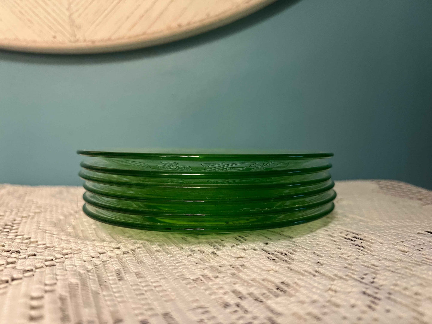 Green Hazel Atlas Cloverleaf Uranium Glass Saucer | Depression Glassware