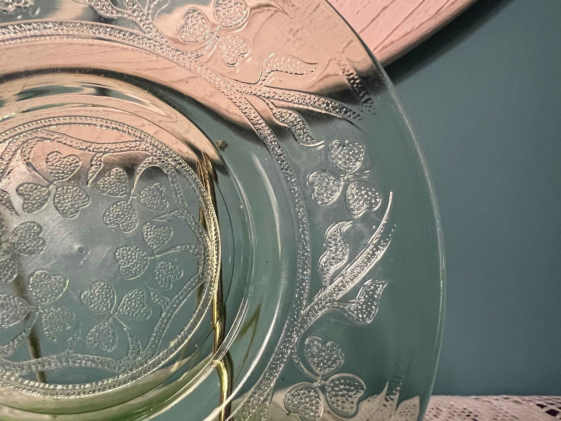 Green Hazel Atlas Cloverleaf Uranium Glass Saucer | Depression Glassware