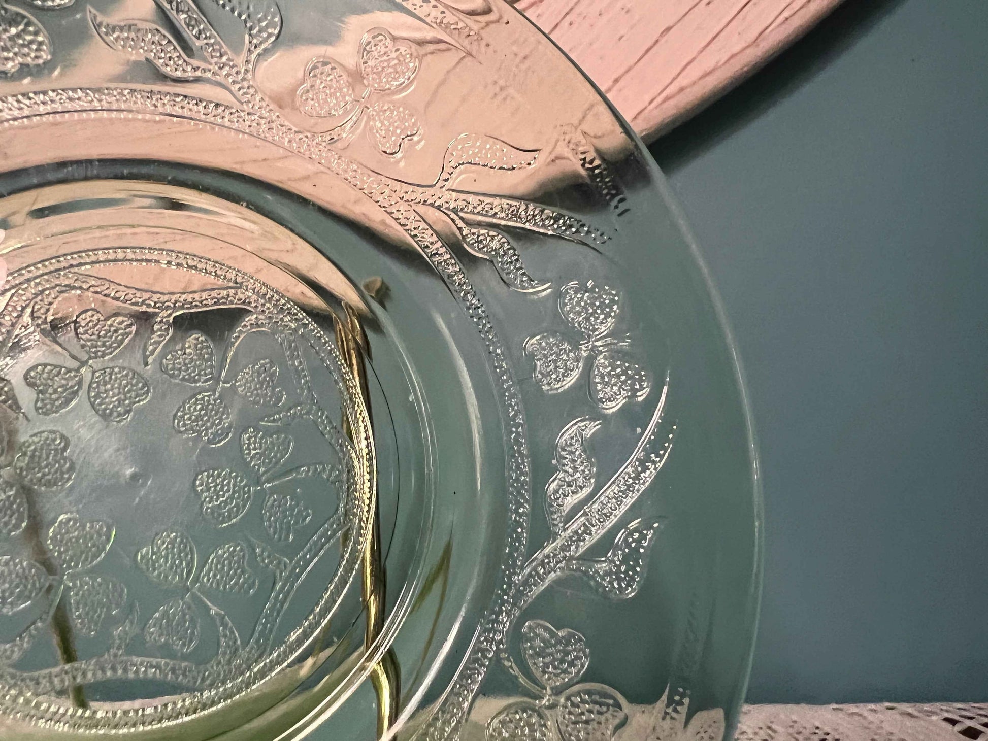 Green Hazel Atlas Cloverleaf Uranium Glass Saucer | Depression Glassware