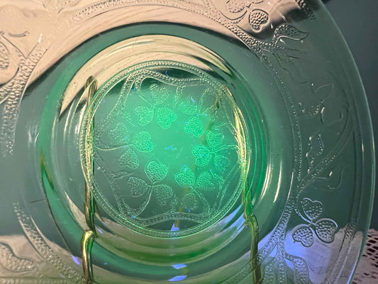 Green Hazel Atlas Cloverleaf Uranium Glass Saucer | Depression Glassware