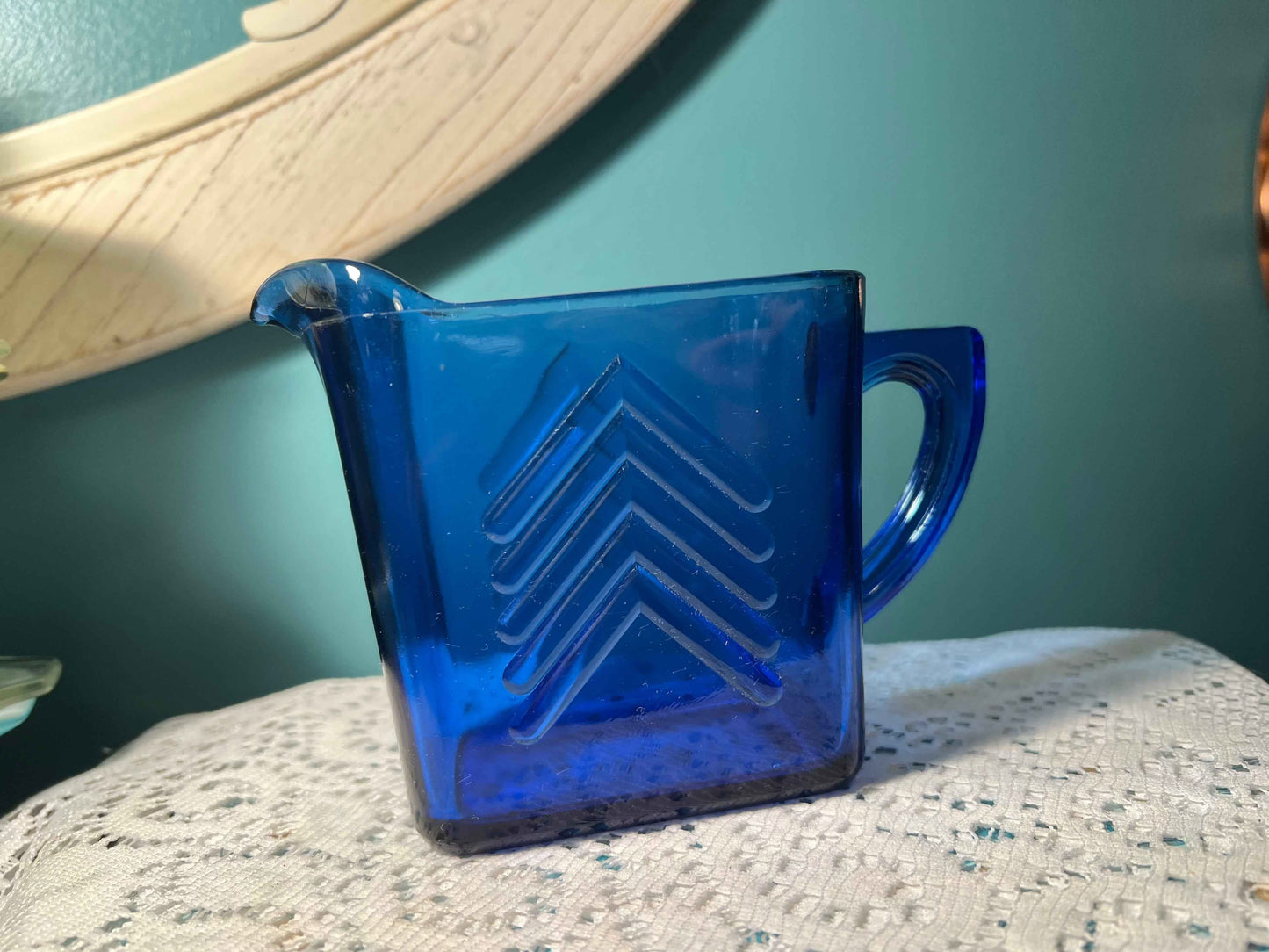 Vintage Hazel Atlas Cobalt Blue Chevron Creamer | Art Deco Depression Glass