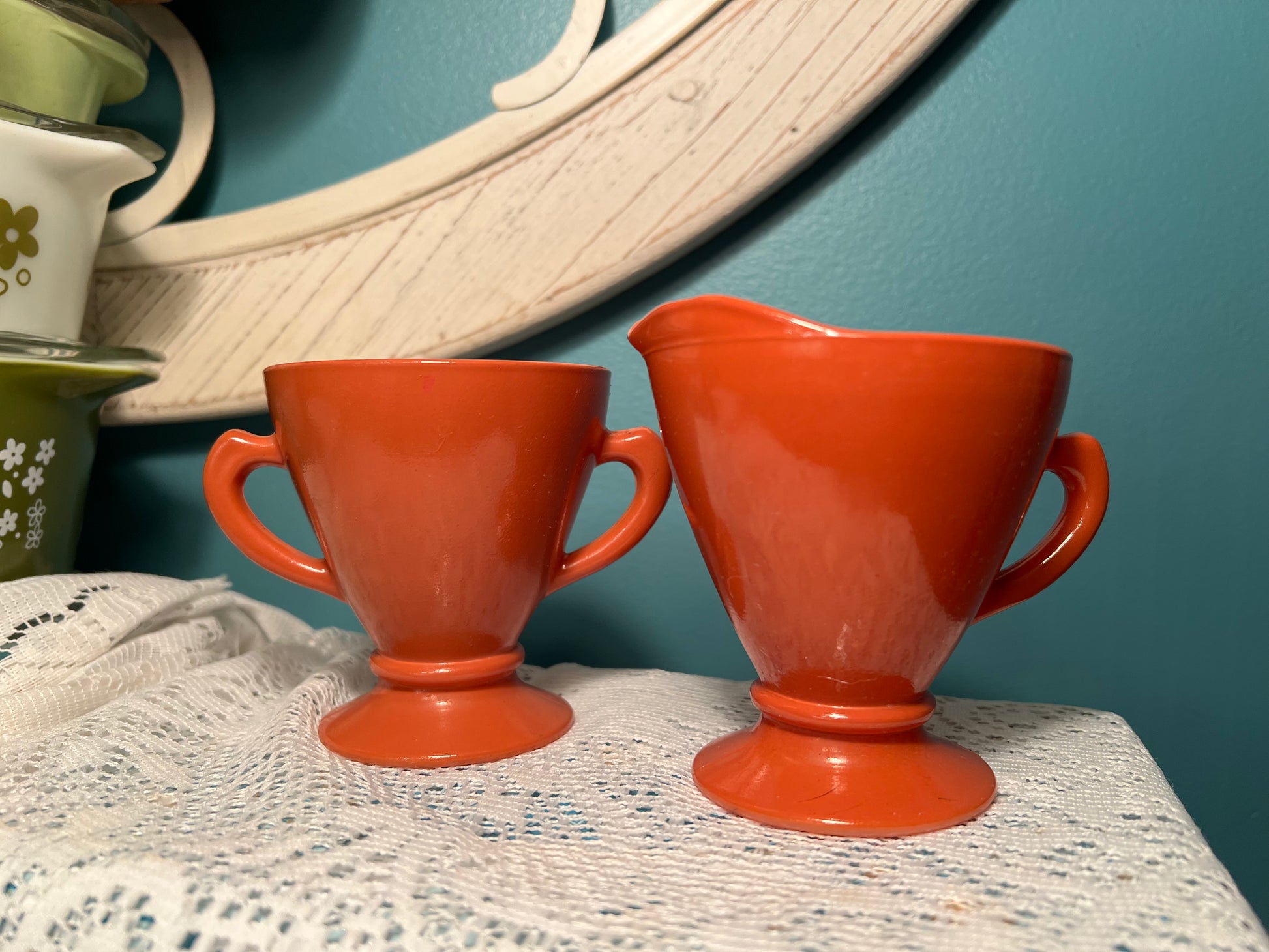 Vintage Hazel Atlas Ovide Platonite rust orange creamer and sugar bowl set