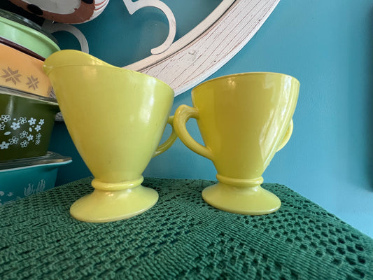 Vintage Hazel Atlas yellow Platonite glass cream and sugar bowls