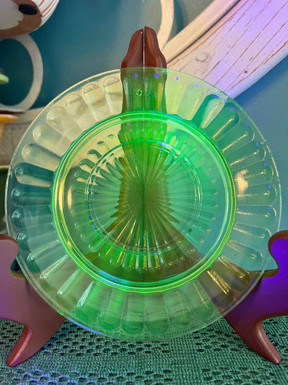 Vintage Hazel Atlas Uranium Green Ribbon Depression Glass Saucer, Set of 3  – 6 1/4" Sherbert Plate