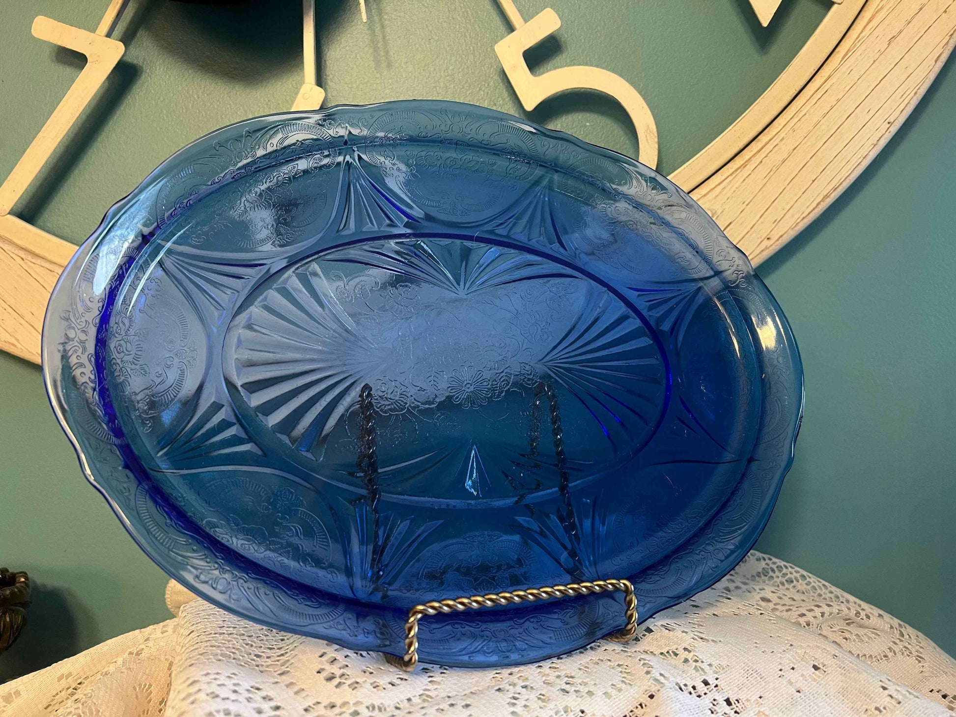 Hazel-Atlas Royal Lace Cobalt Blue Platter | 12” Pressed Glass Serving Platter