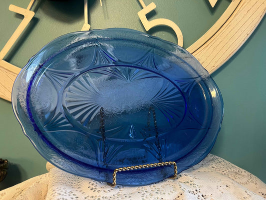 Hazel-Atlas Royal Lace Cobalt Blue Platter | 12” Pressed Glass Serving Platter
