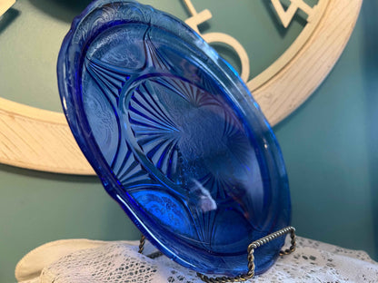 Hazel-Atlas Royal Lace Cobalt Blue Platter | 12” Pressed Glass Serving Platter