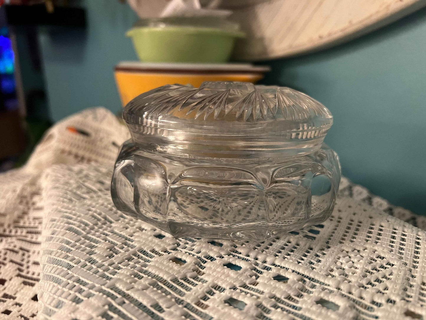 Vintage Heisey Glass Powder Jar with Lid – Dresser Vanity Dish, Trinket Jewelry Holder