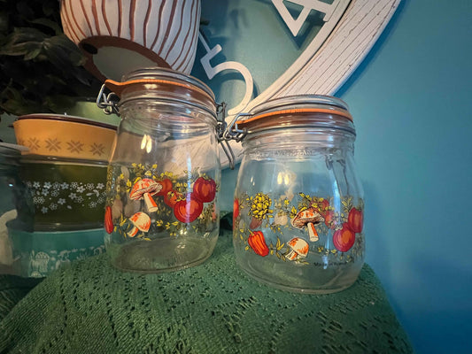 Vintage Spice of Life Canister Set by Arc of France – French Kitchen Glass Storage Jars – Set of 2 (1L & ¾L) – 1970s French Country Kitchen Decor