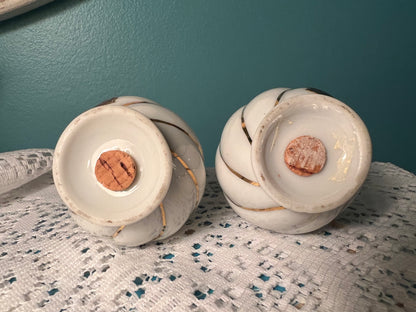 Vintage Porcelain Salt & Pepper Shakers – White Swirl with Gold-Tone Lids, Mid-Century Style - Dusty Treasures