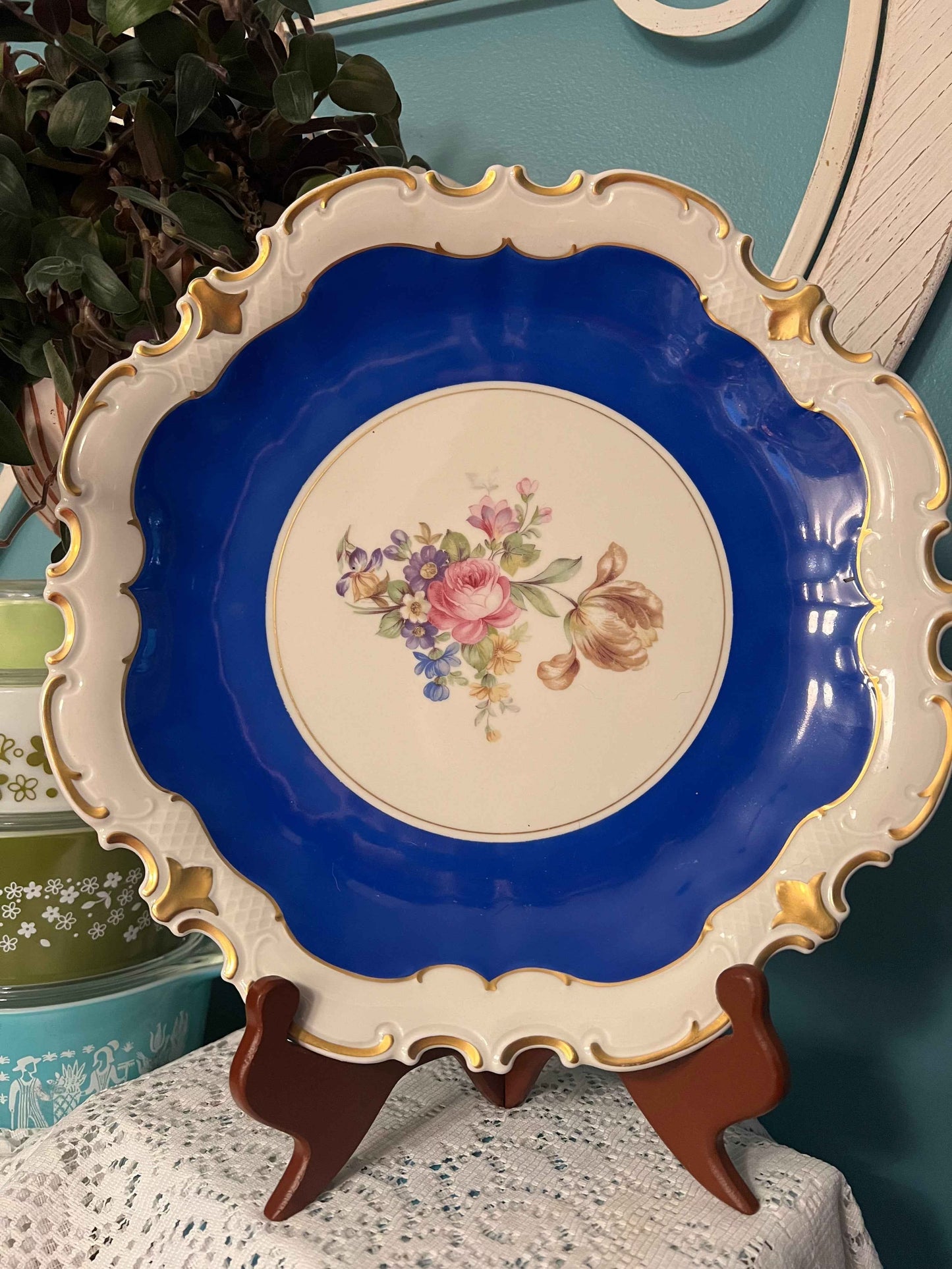 VEB Reichenbach Cobalt Blue Plate | East Germany | 13" Porcelain with Gold Trim