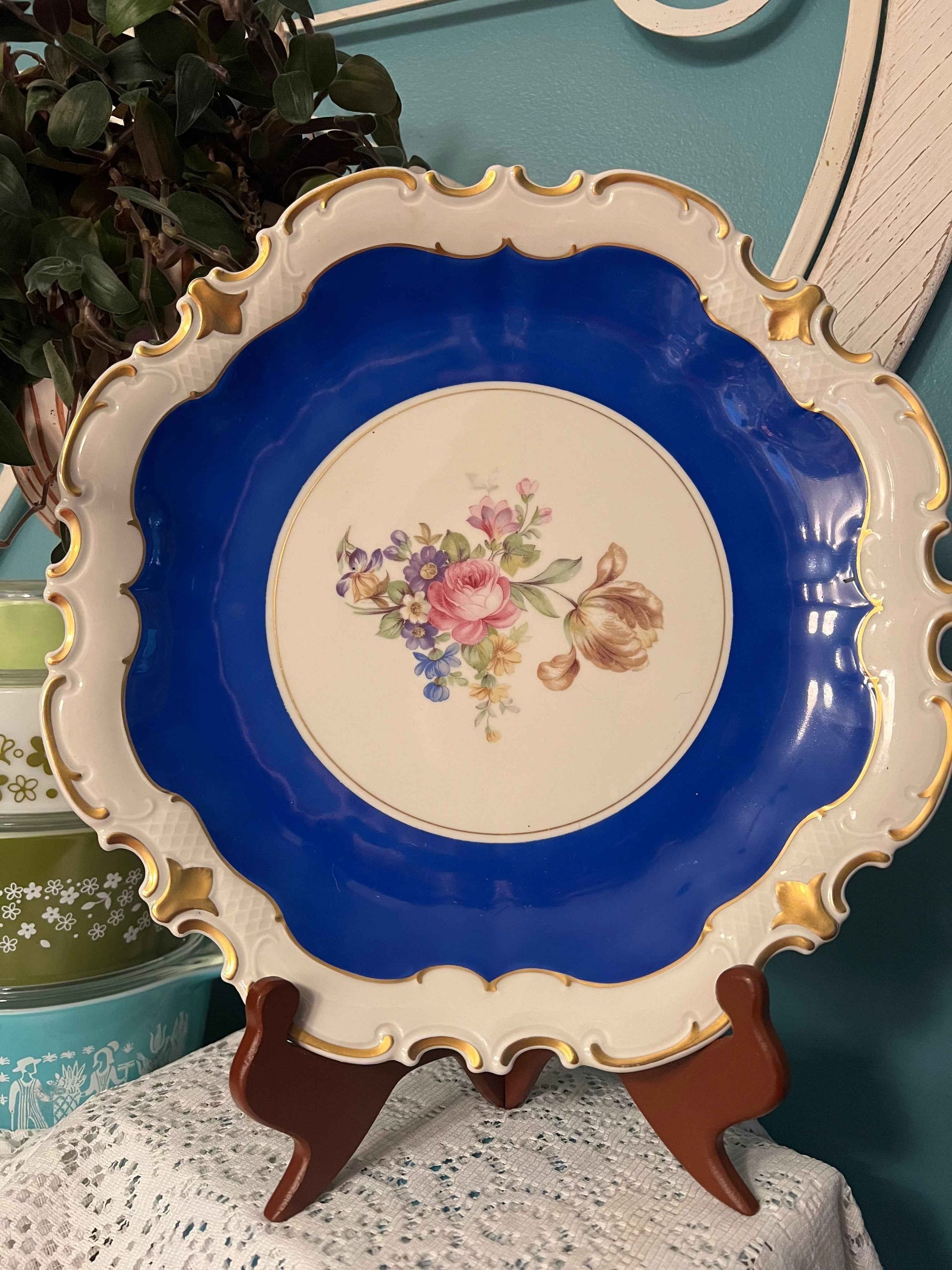 VEB Reichenbach Cobalt Blue Plate | East Germany | 13" Porcelain with Gold Trim