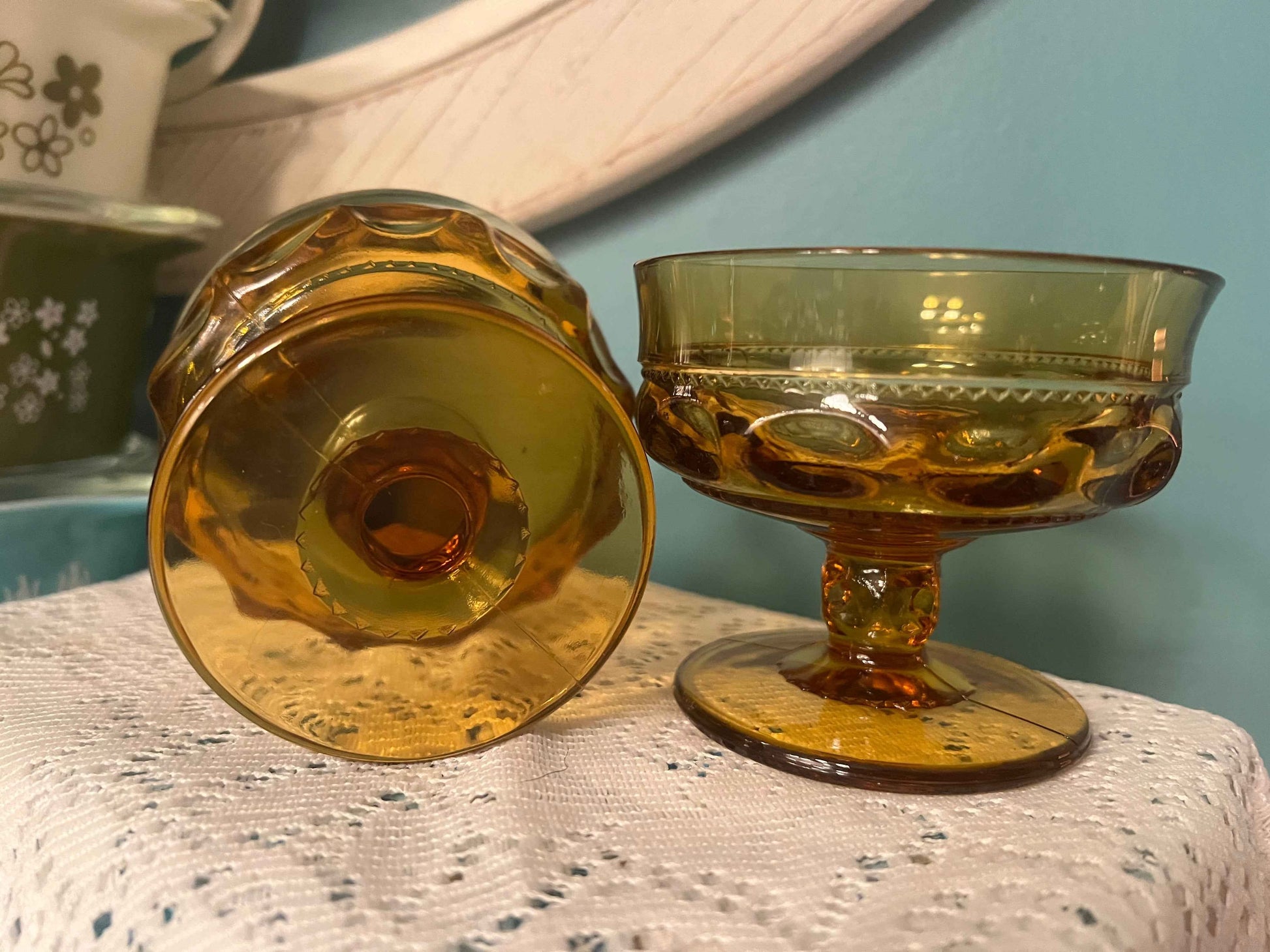 Vintage Indiana Glass Amber Kings Crown Champagne Coupes | Set of 2 | MCM Glassware