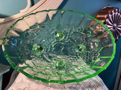 Vintage Indiana Glass Harvest Grape Footed Fruit Bowl | Green Pressed Glass | Not Uranium