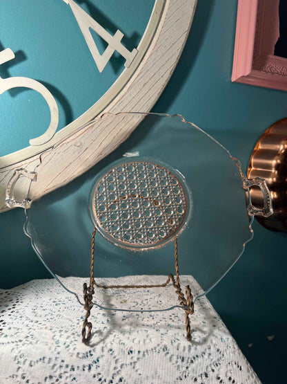 Vintage Lancaster Pink Glass Platter | Peaks Cane Pattern | Handled Serving Plate