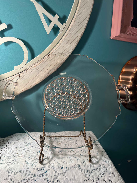 Vintage Lancaster Pink Glass Platter | Peaks Cane Pattern | Handled Serving Plate