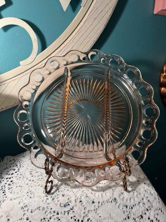 Vintage Anchor Hocking Old Colony Lace Edge Pink Depression Glass Divided Relish Dish | 3 Sections