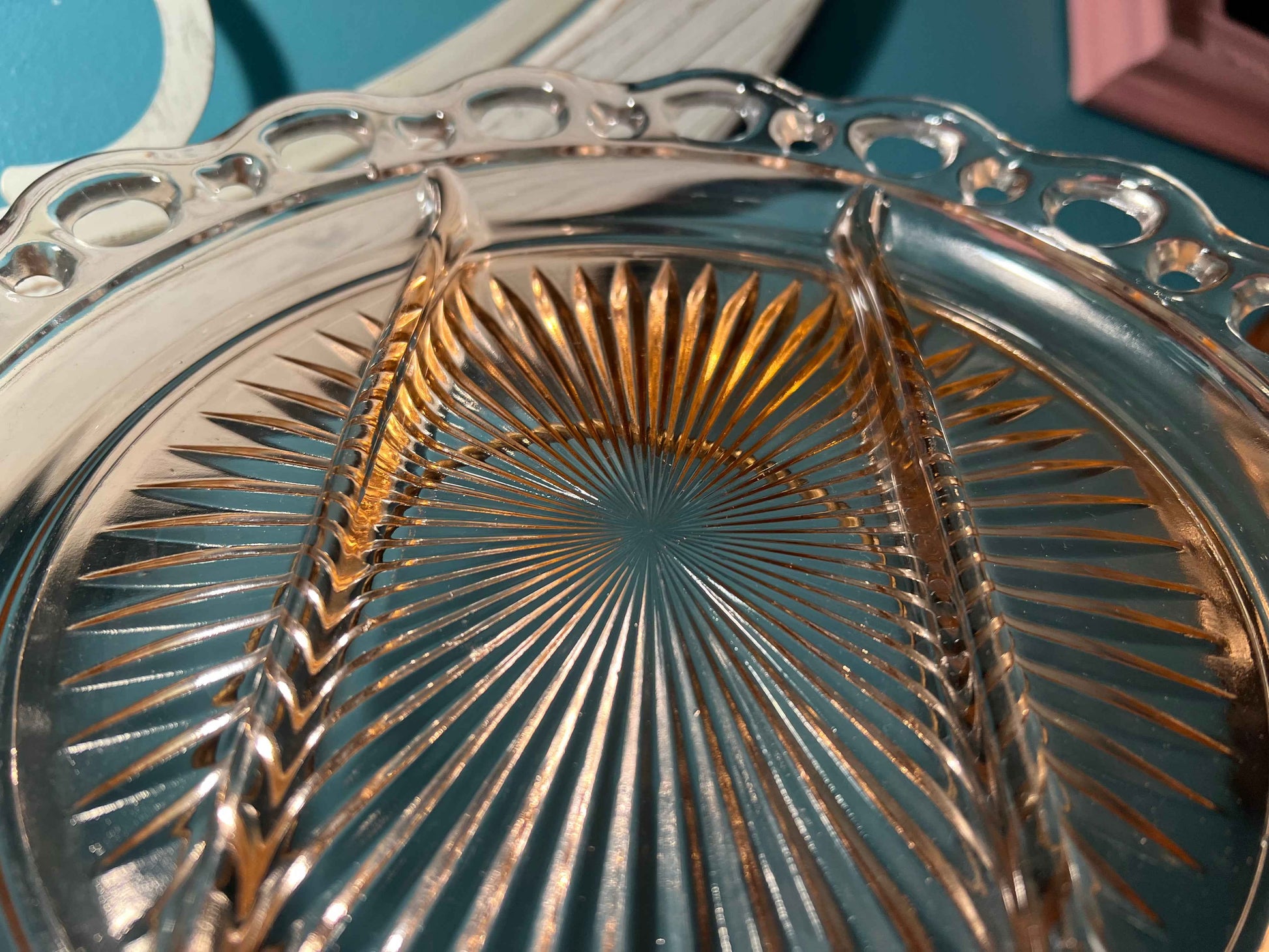 Vintage Anchor Hocking Old Colony Lace Edge Pink Depression Glass Divided Relish Dish | 3 Sections