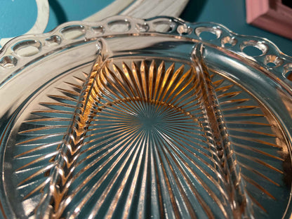 Vintage Anchor Hocking Old Colony Lace Edge Pink Depression Glass Divided Relish Dish | 3 Sections