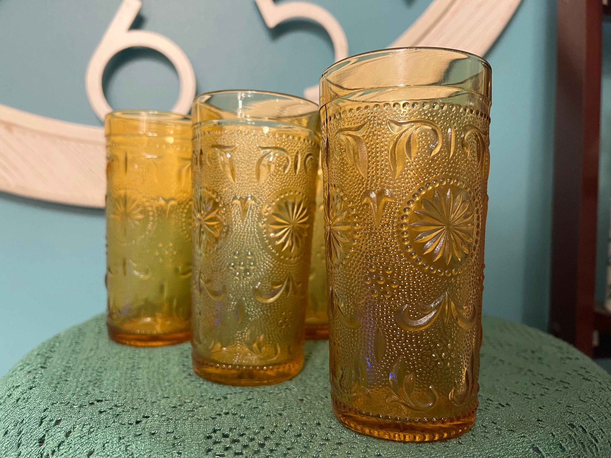 Brockway Glass American Concord Amber Tumblers | Starburst Scroll Glassware Set of 6