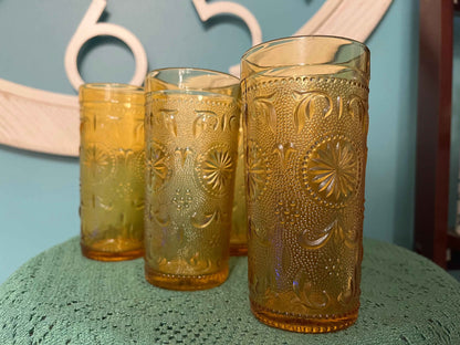 Brockway Glass American Concord Amber Tumblers | Starburst Scroll Glassware Set of 6