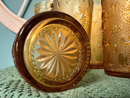 Brockway Glass American Concord Amber Tumblers | Starburst Scroll Glassware Set of 6