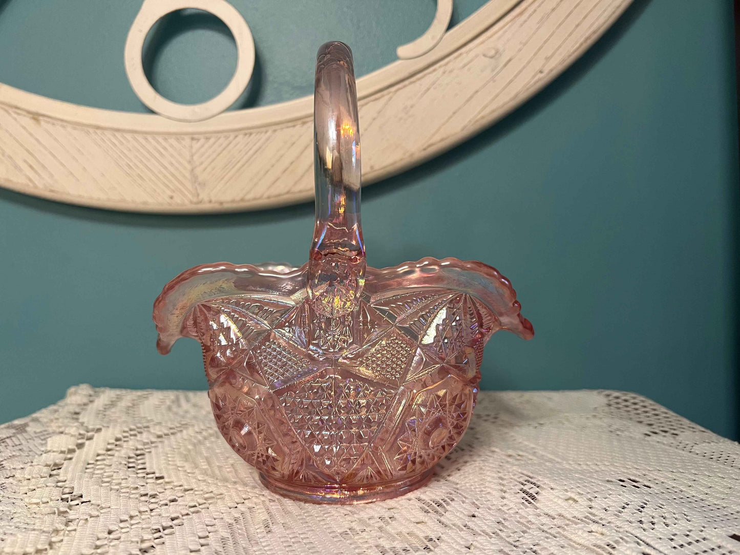 Vintage L.E. Smith Quintec Pink Carnival Glass Basket | Iridescent Stars Panels