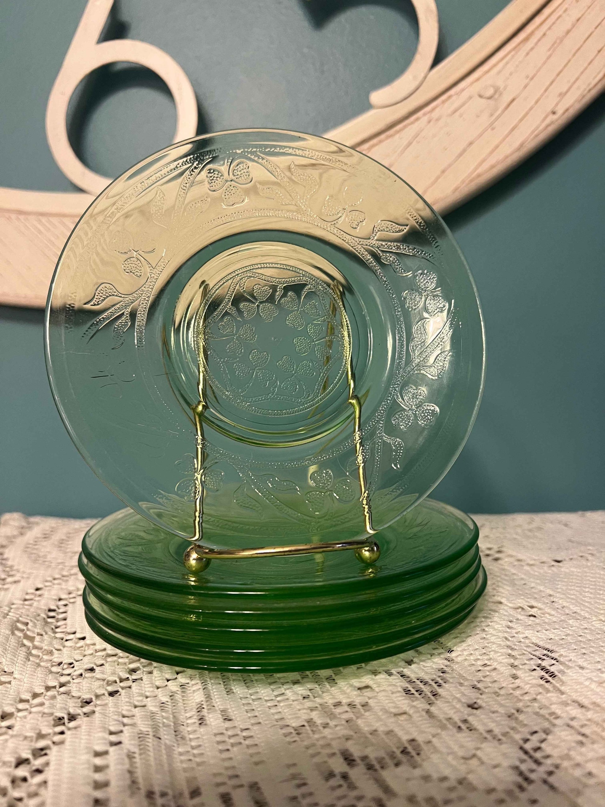 Green Hazel Atlas Cloverleaf Uranium Glass Saucer | Depression Glassware