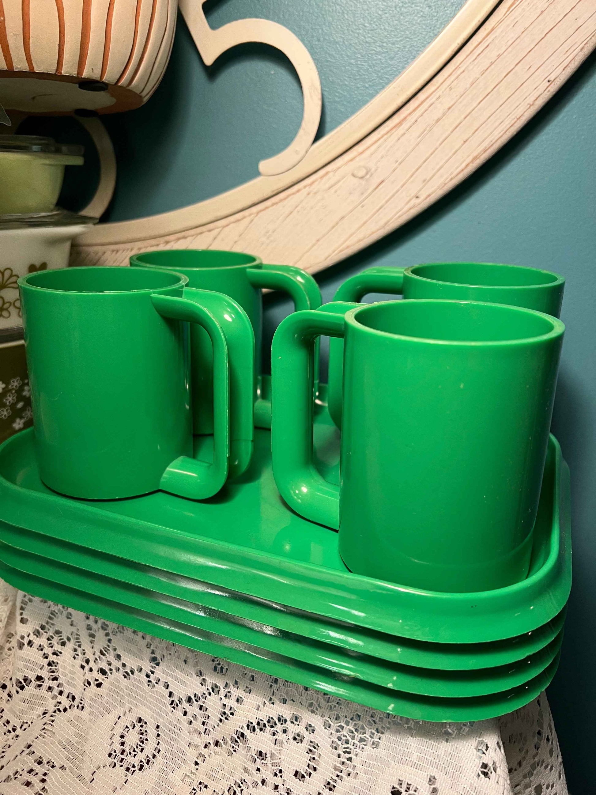 Vintage INGRID Melamine Stackable Plate & Cup Set – 11" x 8" Tray, 4" Mug | Retro Kitchenware