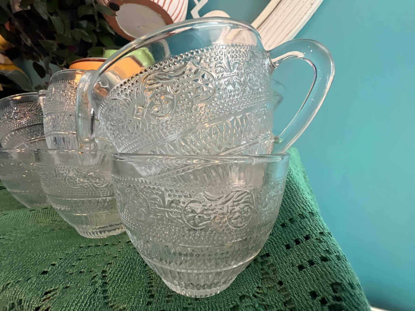 Vintage Imperial Cape Cod Pressed Pattern Salad Bowl with 6 Matching Cups – 1970s