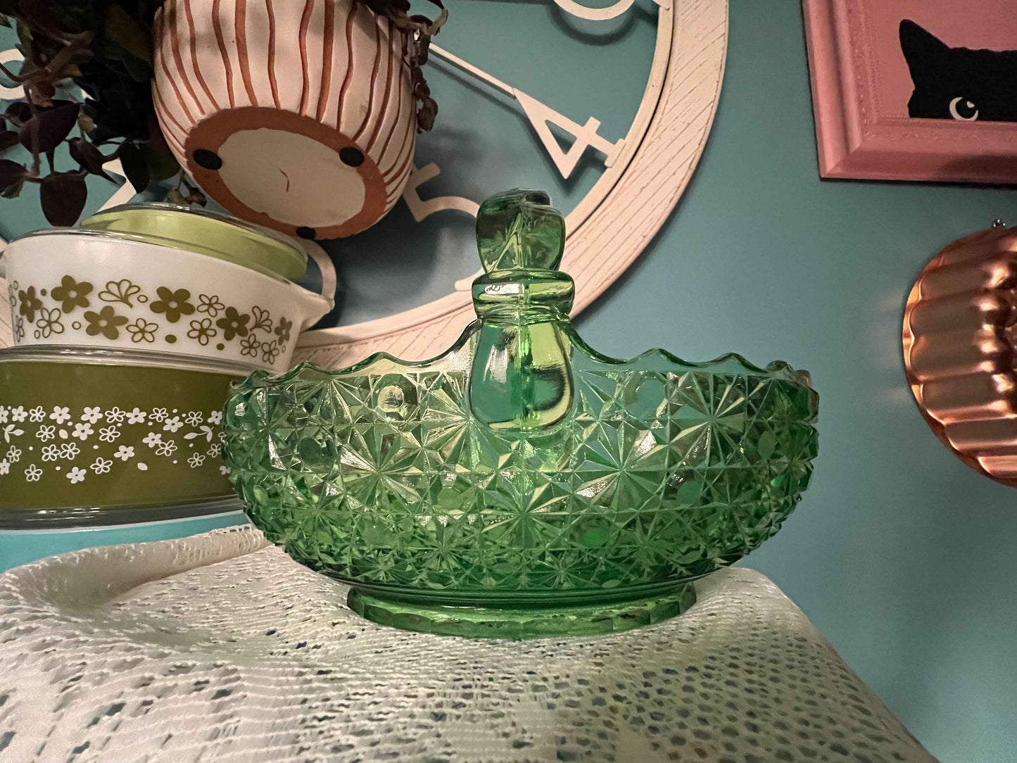 Imperial Glass Daisy Button Green Basket | 6.25" Vintage Cut Glass | Vintage Glassware